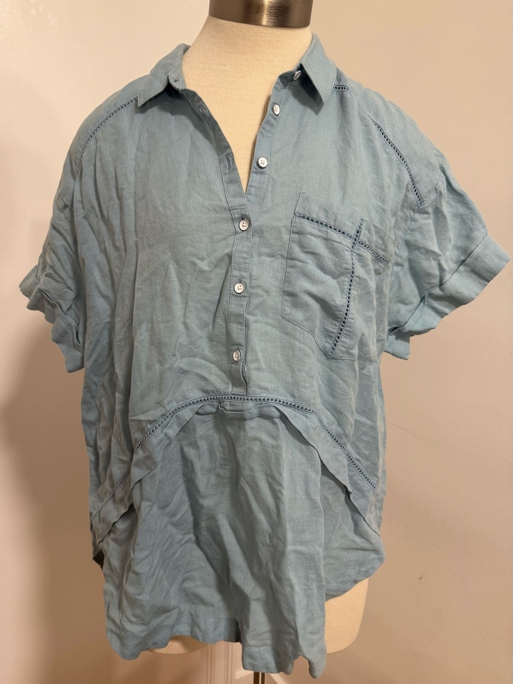 Free People Light Blue Linen Button Down Short Sleeve Shirt S